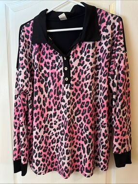 Sew In Love Pink and Black Leopard Print Long Sleeve Polo Blouse